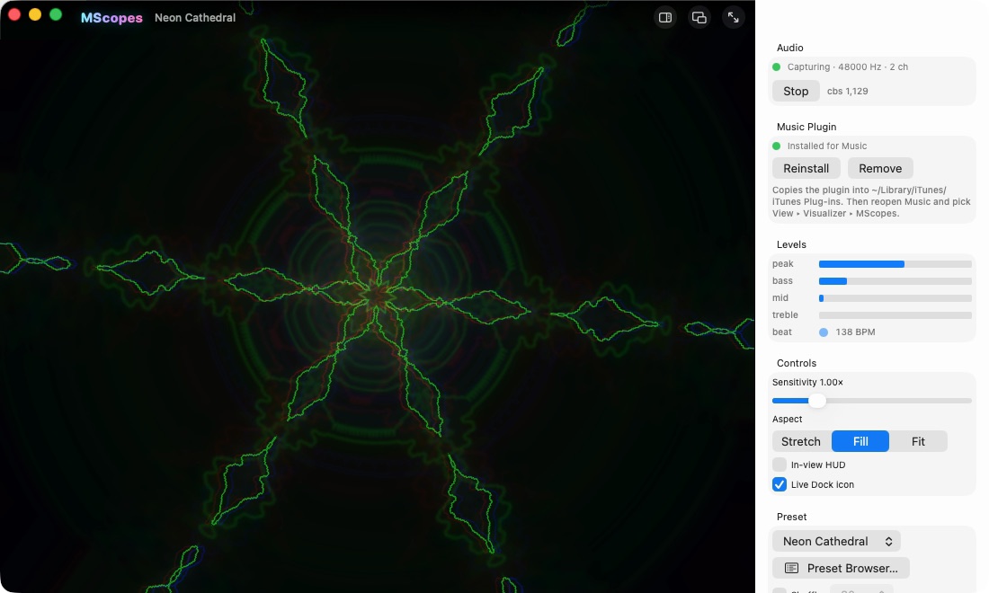 The MScopes window with its preset sidebar open