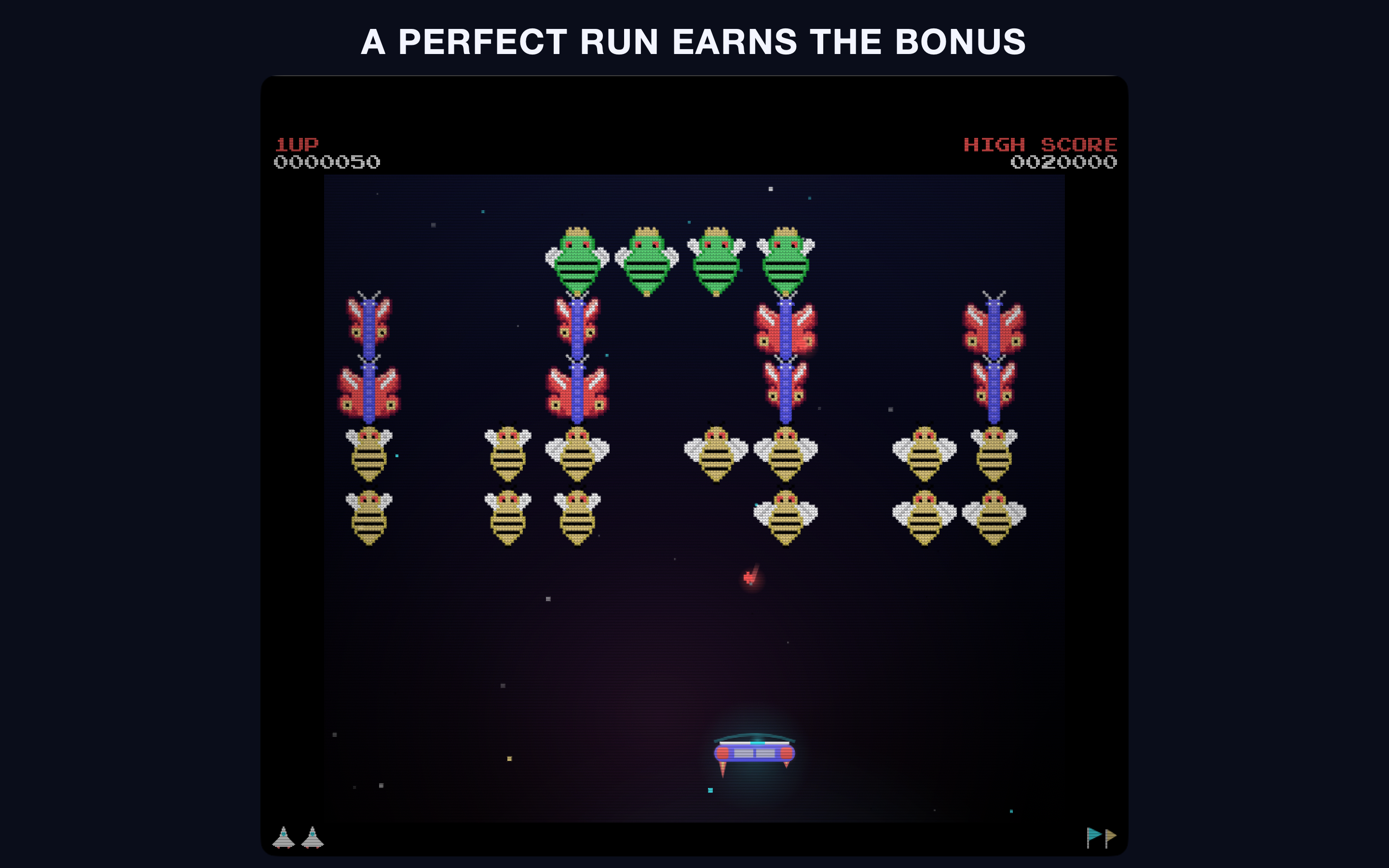 A challenge stage with enemies in a wave formation and a bonus indicator