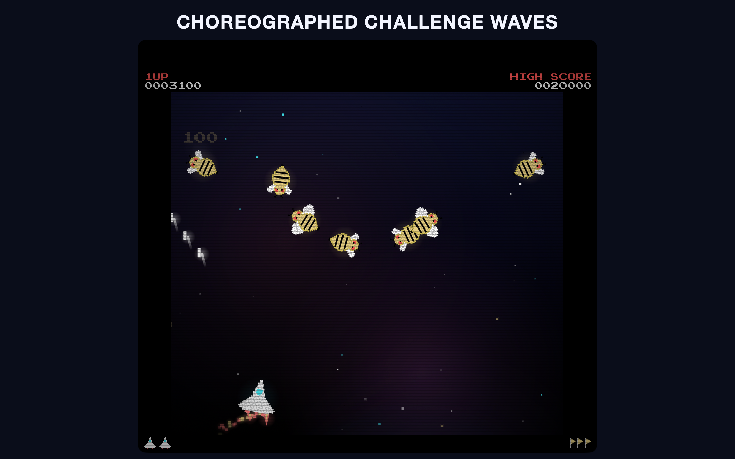 A no-fire challenge stage with enemies flying in a scripted arc