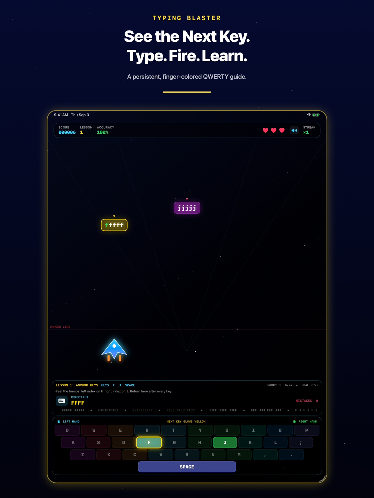 Typing Blaster lesson with finger-colored QWERTY keyboard and highlighted next key