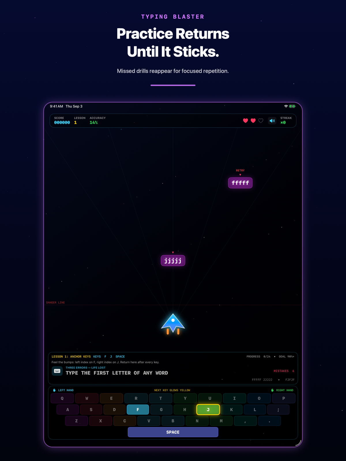 Typing Blaster returning a missed drill through its adaptive retry queue