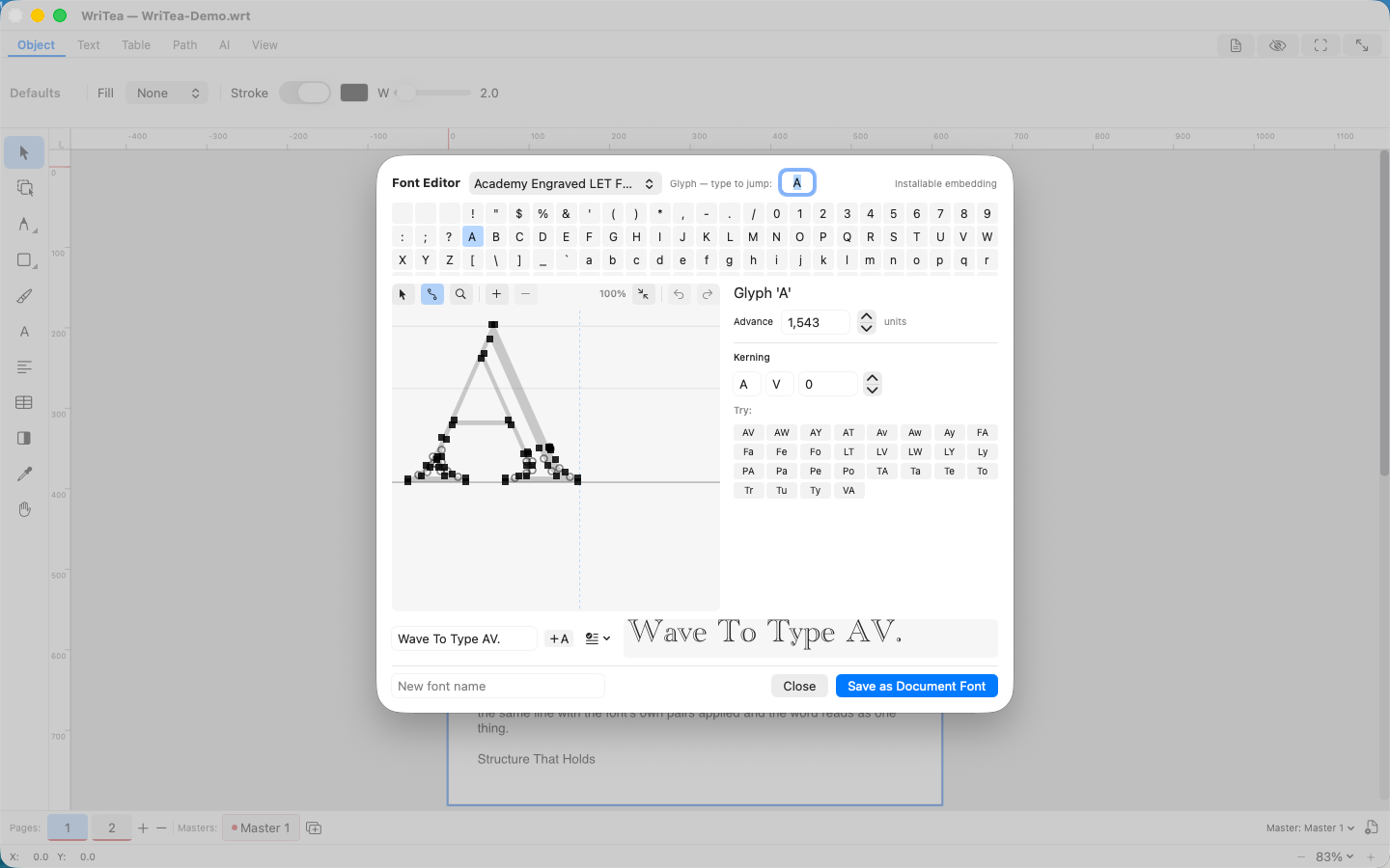 WriteA: the built-in font editor showing a glyph and a kerning pair
