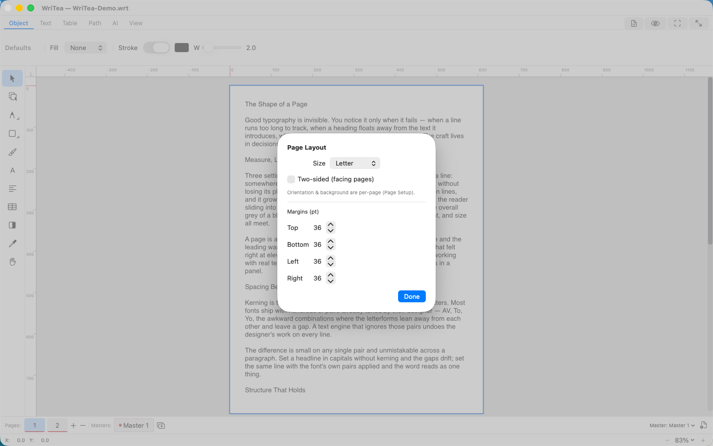 WriteA: a designed page with rulers, tools, and flowing text