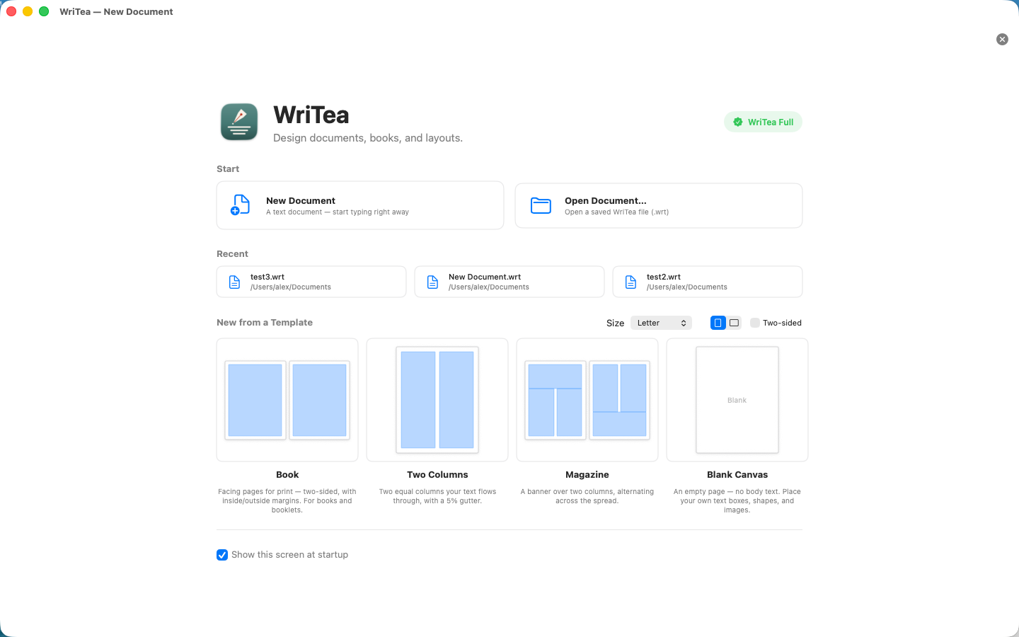 WriteA: the New Document start screen with structural page templates